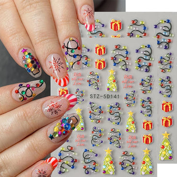 Colorful Christmas Nails | Green Christmas Tree with Red Gift Decals | DIY Manicure