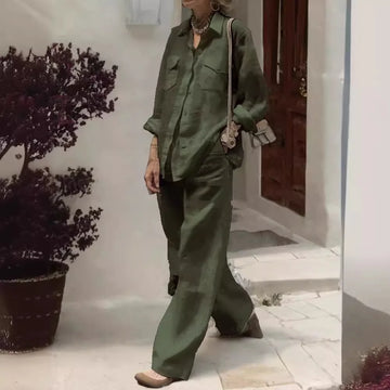 Linen Set Women | Spring Autumn Lapel Shirt Solid Pocket | Wide Leg Pants | Two Piece Sets