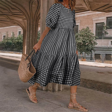 Summer Plaid Maxi Dress with Puff Sleeves and O-Neck