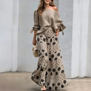 Off The Shoulder Two Piece Skirt Set | Elegant Polka Dot Print Long Skirt 2-piece Set