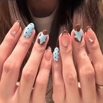 10 Blue Polka Dot Nails | Bow Star Design Fake Nail Wearable Nail Art Tips for Girls