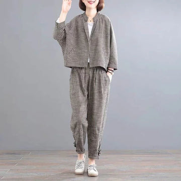Vintage Pants Sets Long Sleeve Striped Coats and Casual Harem Pants Loose Harajuku Korean Style Two Pieces Sets Women Outfits