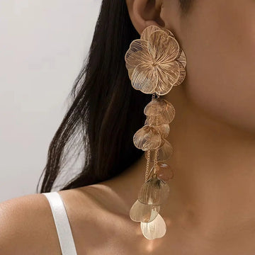 Ingemark Romantic Leaf Petal Flower Drop Earrings for Women | Wed Bridal Kpop Long Tassel Hanging Piercing Earring