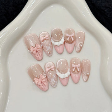 10 pcs Back To School Nails For 8th Graders | Cat Eye Pink Bow Decor Korean False Nails