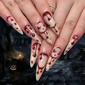 24pcs Bloody Nails Design | Halloween Red Blood Droplet Fake Nails | Halloween Party Nail Decor