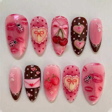 30 Cute Cherry Bowknots Ladybug Strawberry Decor False Nails