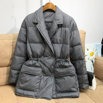 Lagabogy New Winter Women White Duck Down Coat Female Notched Collar Double Breasted Coats Casual Lady Drawstring Puffer Outwear