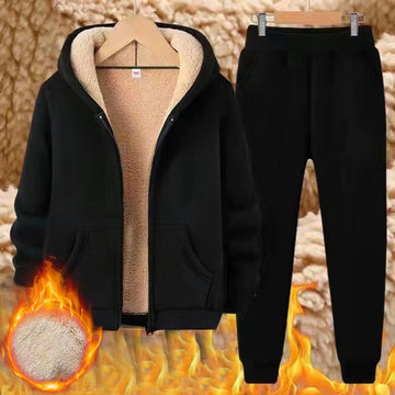 Hooded Winter Suit – Thick Zipper Cardigan & Thermal Pants Set