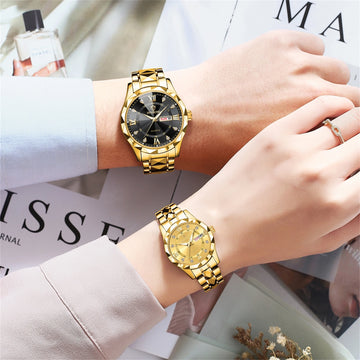 2pcs/set Couple Watches for Men and Women | 316 Stainless Steel Strap Gold and Silver Blue dial English Week Calendar Date Display