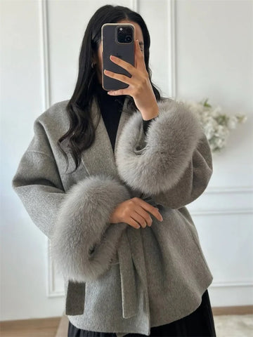 Vintage Fox Fur Coat | Women's Short Coat Office Lady Elegant Double-sided Woolen Coat