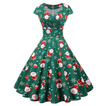 Fashion V-neck Short Sleeve Christmas Dress | Large Swing Vintage Elegant Xmas Party Dress