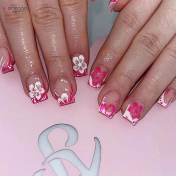 24Pcs Fairy White Flower Pink French Tip Nails