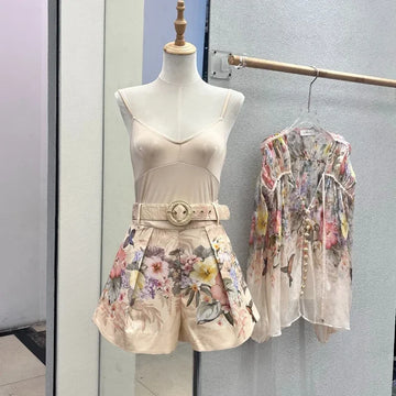 Long Sleeve Blouse | High Waist Shorts Floral Australian Designer Luxury Vintage Two Piece Set