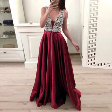 Bridesmaid Women Wedding Dress Deep V-Neck Sparkly Sequin Splicing Sleeveless Maxi Dress Backless Long Evening Party Dress