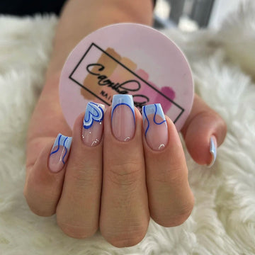 24pcs Medium Square Blue Nails – French Tips with Charms