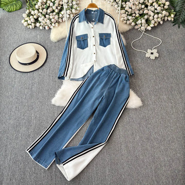 Women Casual Outfits | Women Denim Clothing Sets | Denim Blouse And Wide-leg Pants Outfits