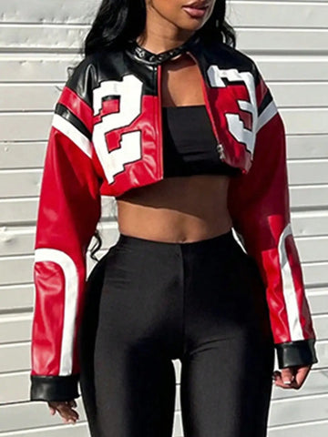 Women's Leather Jacket Short Red Coat Zipper Bomber Jacket
