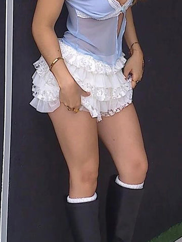 Women's Floral Lace Skorts with Bow and Ruffled Mesh Mini Skirt