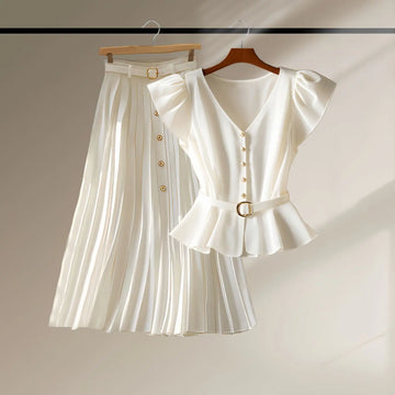 Summer Blouses Set | Midi Skirt Set White Two Piece Set Women Outfits