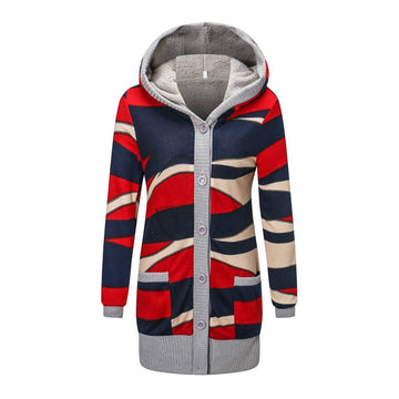 Hooded Sweater For Ladies | Women Cardigan Striped Print Long Sleeve Sweater Coat Buttons Closure