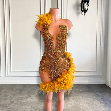 Sexy Birthday Party Formal Gowns | Sparkly Luxury Gold Diamond Black Girls Feather Short Prom Dresses