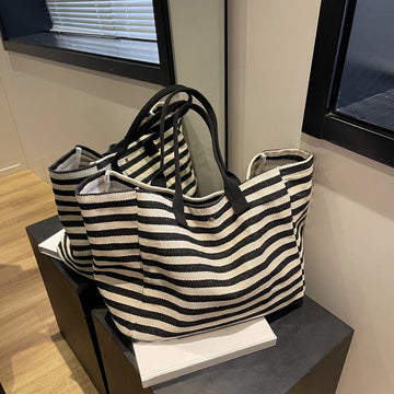 Casual Striped Canvas Bag For Women | Large Capacity Shoulder Bag