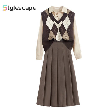 Autumn Fits | Large Size Knitted Vest Shirt Layered Three Piece Set for Women