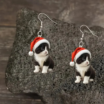 New Christmas Hat Black White Cat Acrylic Earrings | Cute Xmas Drop Earring New Year Jewelry