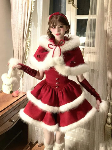 Christmas Red suit | Velvet Cake Puff Women's Dress Set | Two Piece Outfit coat