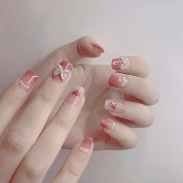 24Pcs French Bow Nails Worn Removable And Diamonds