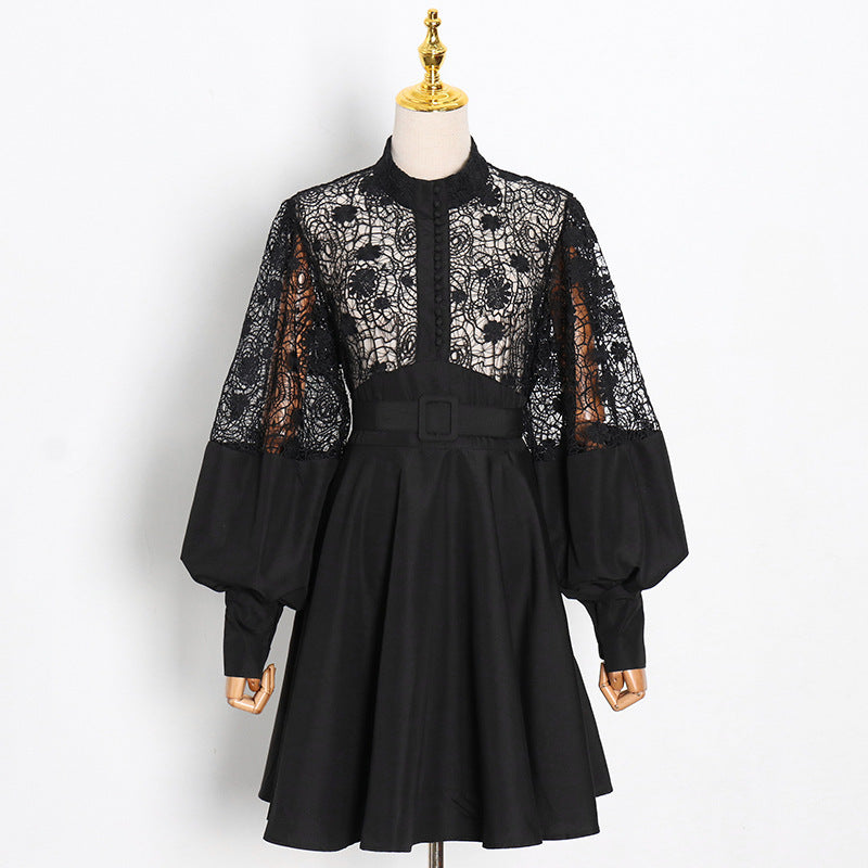 90s Fashion Lace Stand Collar Short Dress with Lantern Sleeves