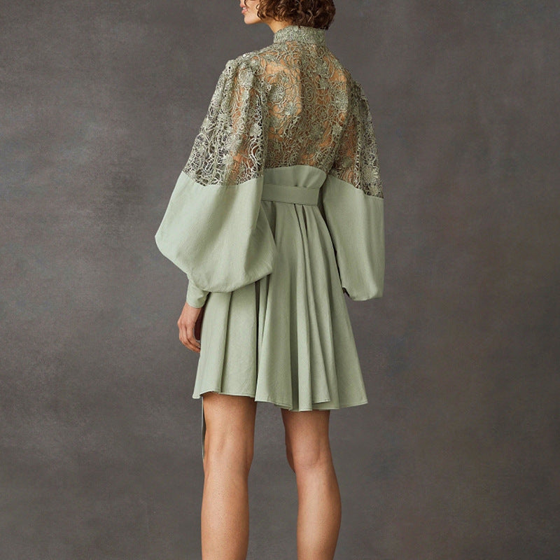 90s Fashion Lace Stand Collar Short Dress with Lantern Sleeves