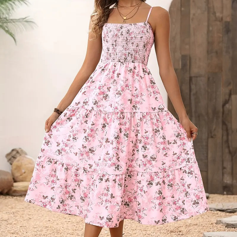 Long Hoco Dresses | Spaghetti Strap Sleeveless Tiered Casual Flowy Dresses