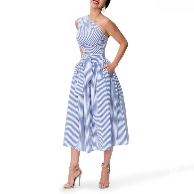 Cute Homecoming Dresses | One Shoulder Striped Midi Dress | Elegant Tie Waist Bodycon Dresses