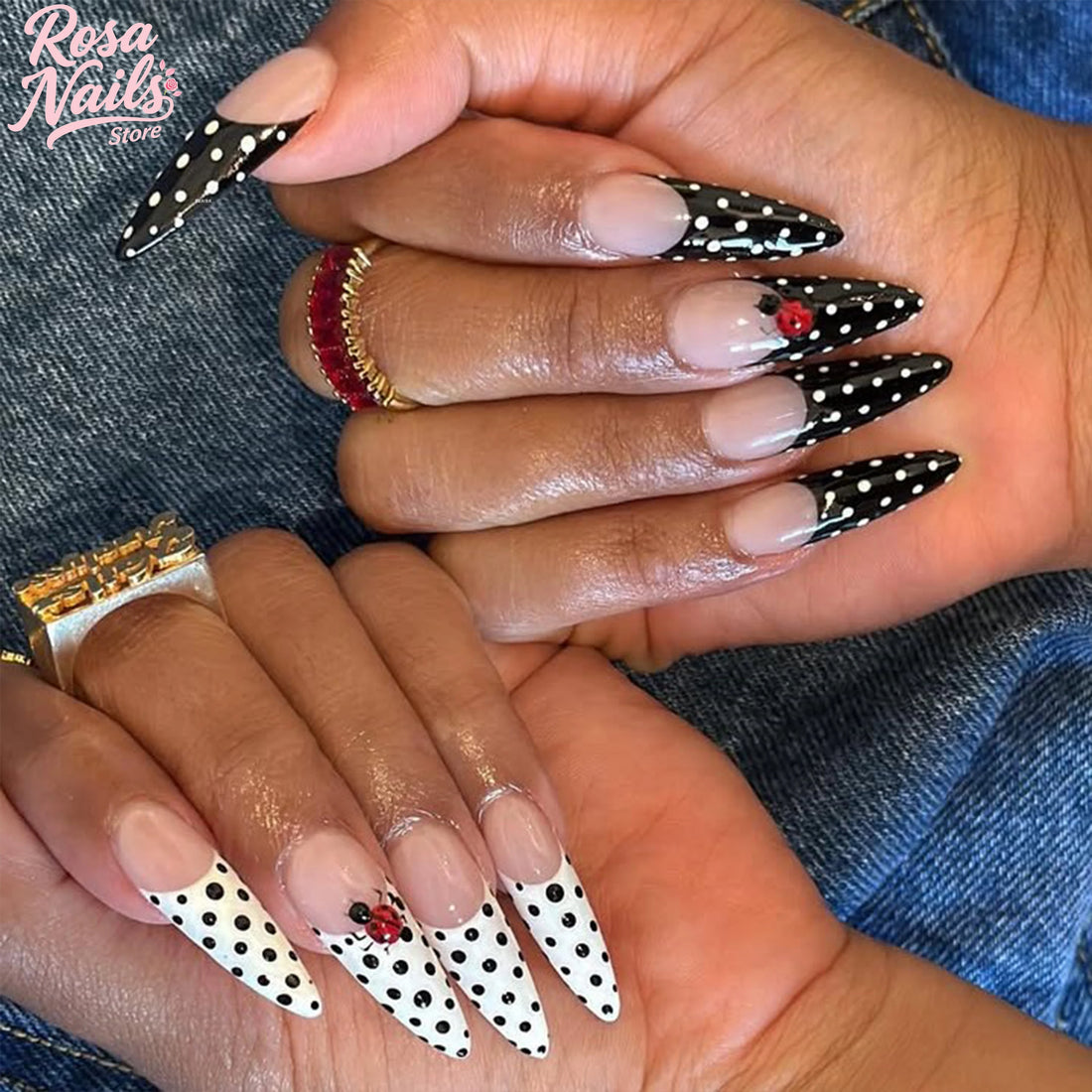 Ladybug Polka Dot Nails | Black White 3D Lady Bug French Tips Nail