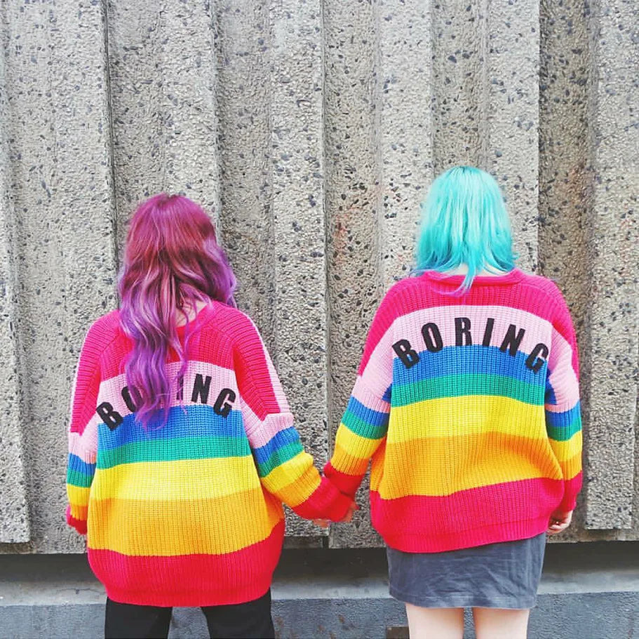 BORING Letters Rainbow Cardigan Womens | Fall Winter Knitted Cardigan | Long Sweater