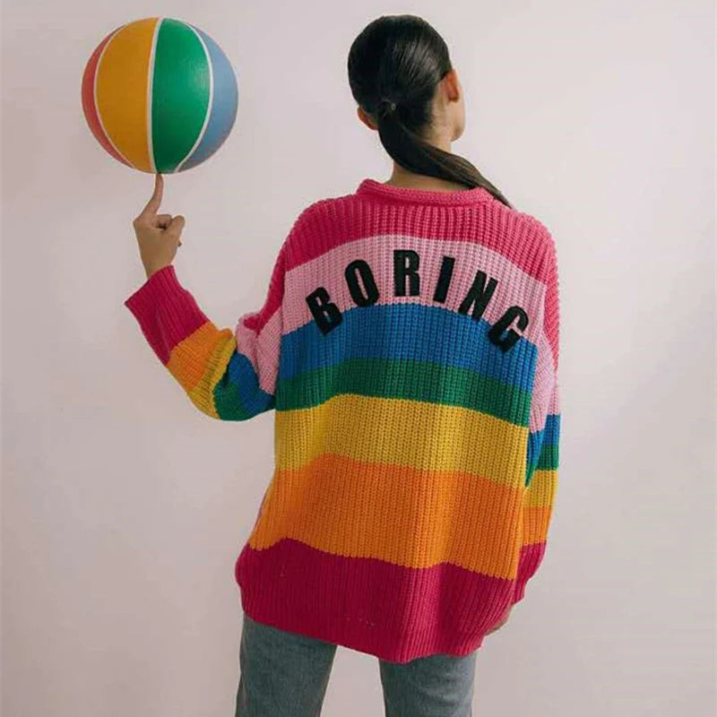 BORING Letters Rainbow Cardigan Womens | Fall Winter Knitted Cardigan | Long Sweater