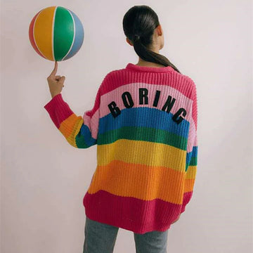 BORING Letters Rainbow Cardigan Womens | Fall Winter Knitted Cardigan | Long Sweater