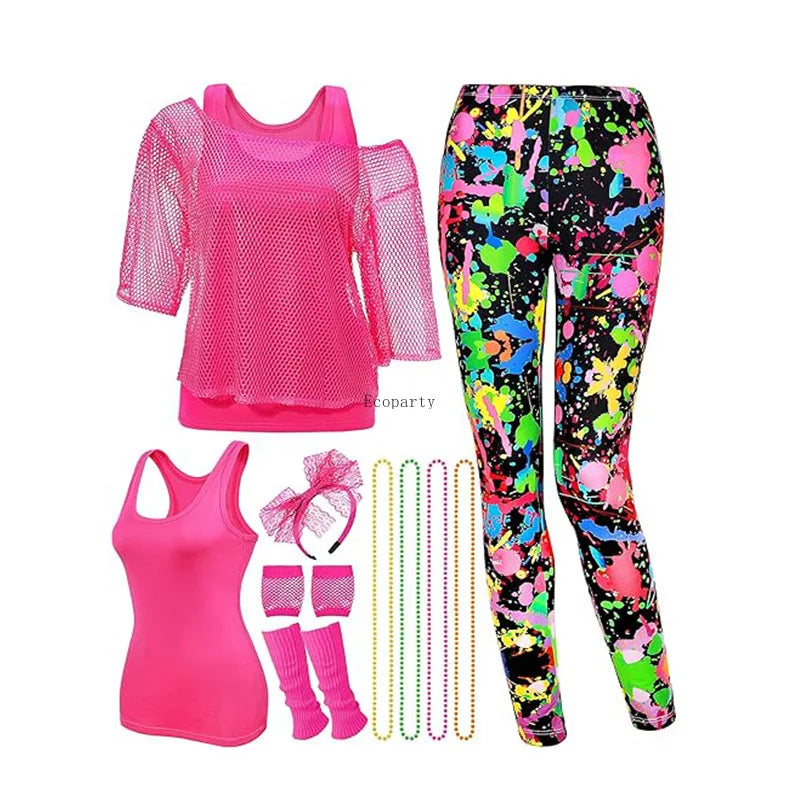12pcs 80s Fancy Dress for Women | T-Shirt Adult yoga legging Lace Headband Neon Fishnet Gloves Bracelet workout pant suit