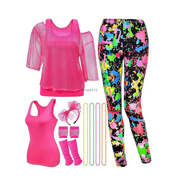 12pcs 80s Fancy Dress for Women | T-Shirt Adult yoga legging Lace Headband Neon Fishnet Gloves Bracelet workout pant suit