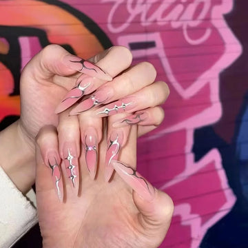 24pcs Long Pointed Gradient Pink False Nails y2k Sliver Flame Printed Wearable Press On Nails Full Finished Acrylic Nail Tips