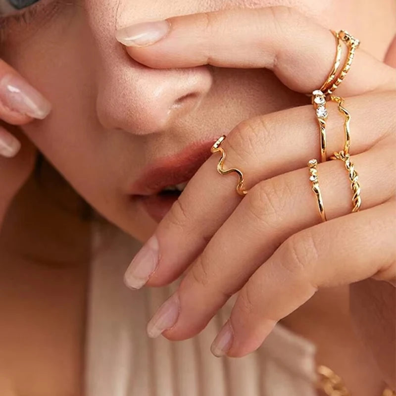 Vintage Rings Set | Fashion Geometric Knuckle Rings Set For Women | Vintage Crystal Heart Gold Color Rings