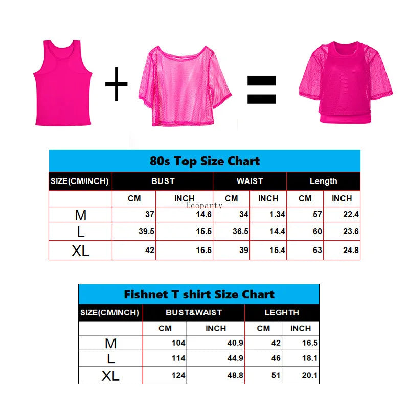 12pcs 80s Fancy Dress for Women | T-Shirt Adult yoga legging Lace Headband Neon Fishnet Gloves Bracelet workout pant suit