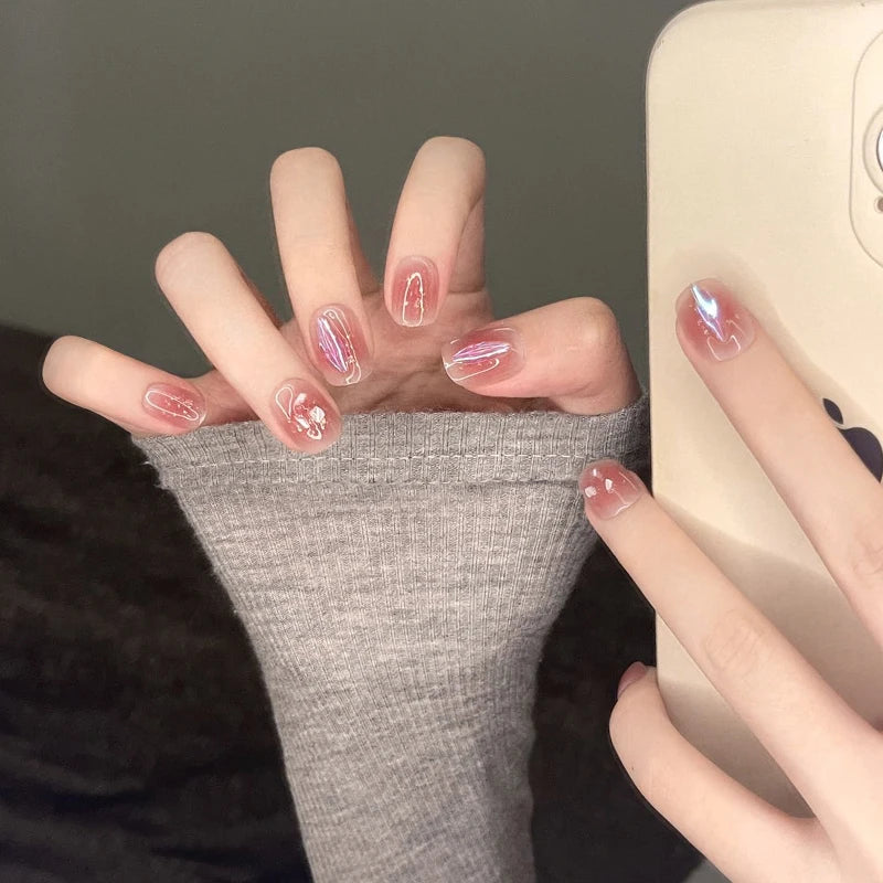 24pcs Pink Aurora Ballet Fake Nails Designs
