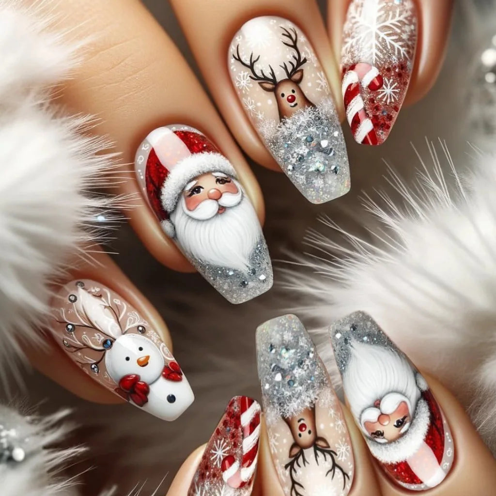 Snowman Xmas Nails |  Santa Claus Print Fake Nail Tips | Long Coffin False Nails for Girls