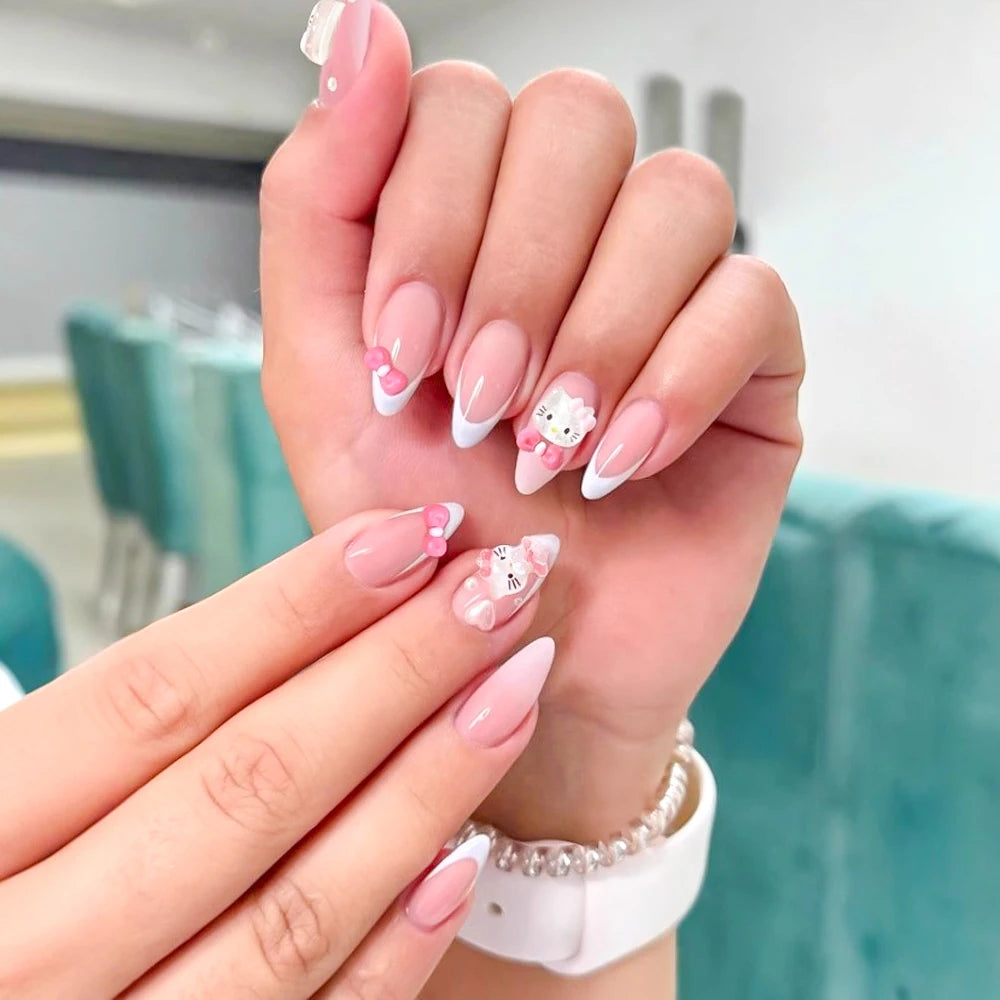 24 Nail Inspo Back To School | Hello Kitty Almond False Nails | Pink Bowknot Full Cover
