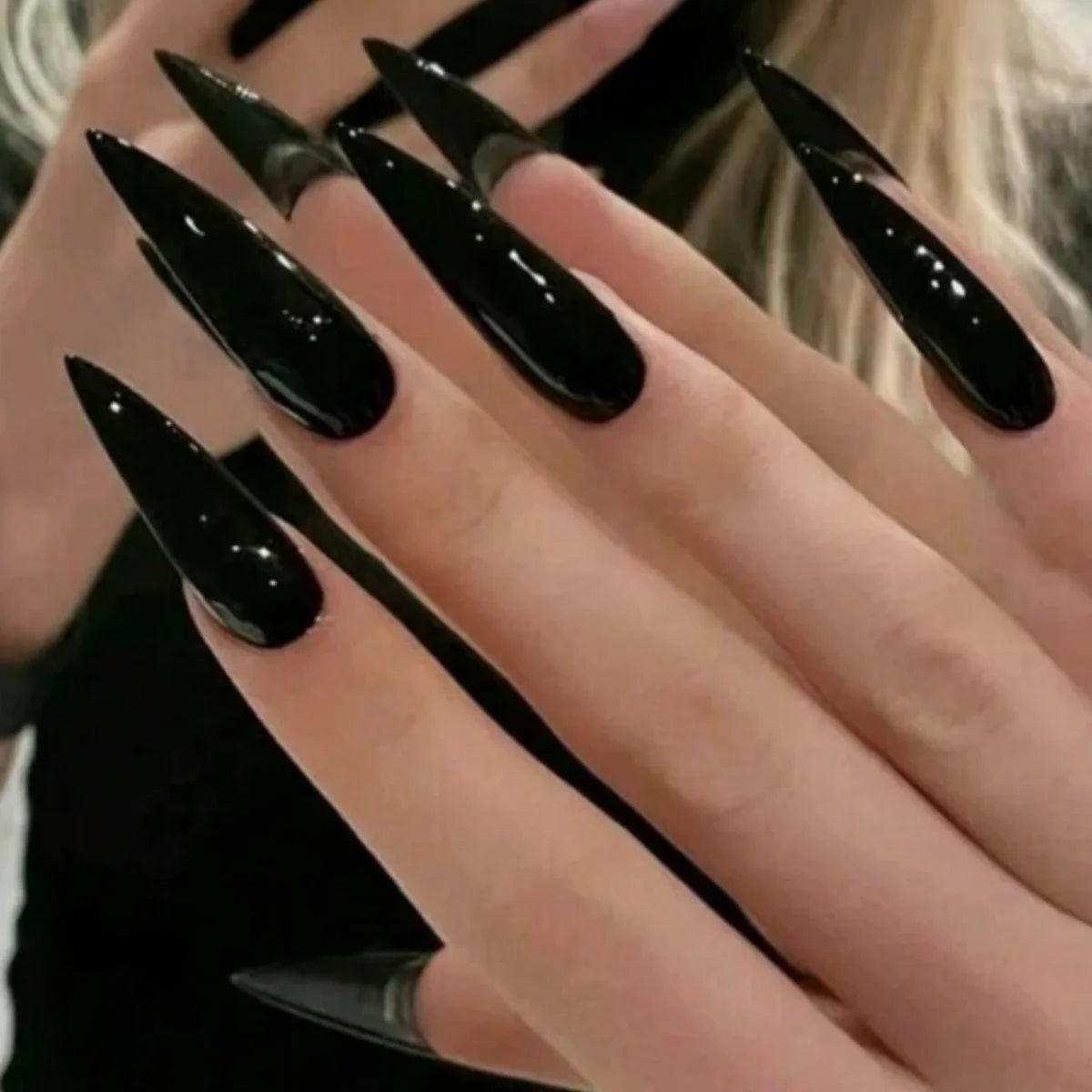 24 French Tip Stiletto Nails Short | Modern classic simple BLACK Solid Color Fake Nail