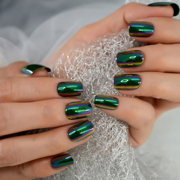 Metallic Green Summer Nails | Square Medium Length Fashion Woman Dating Party