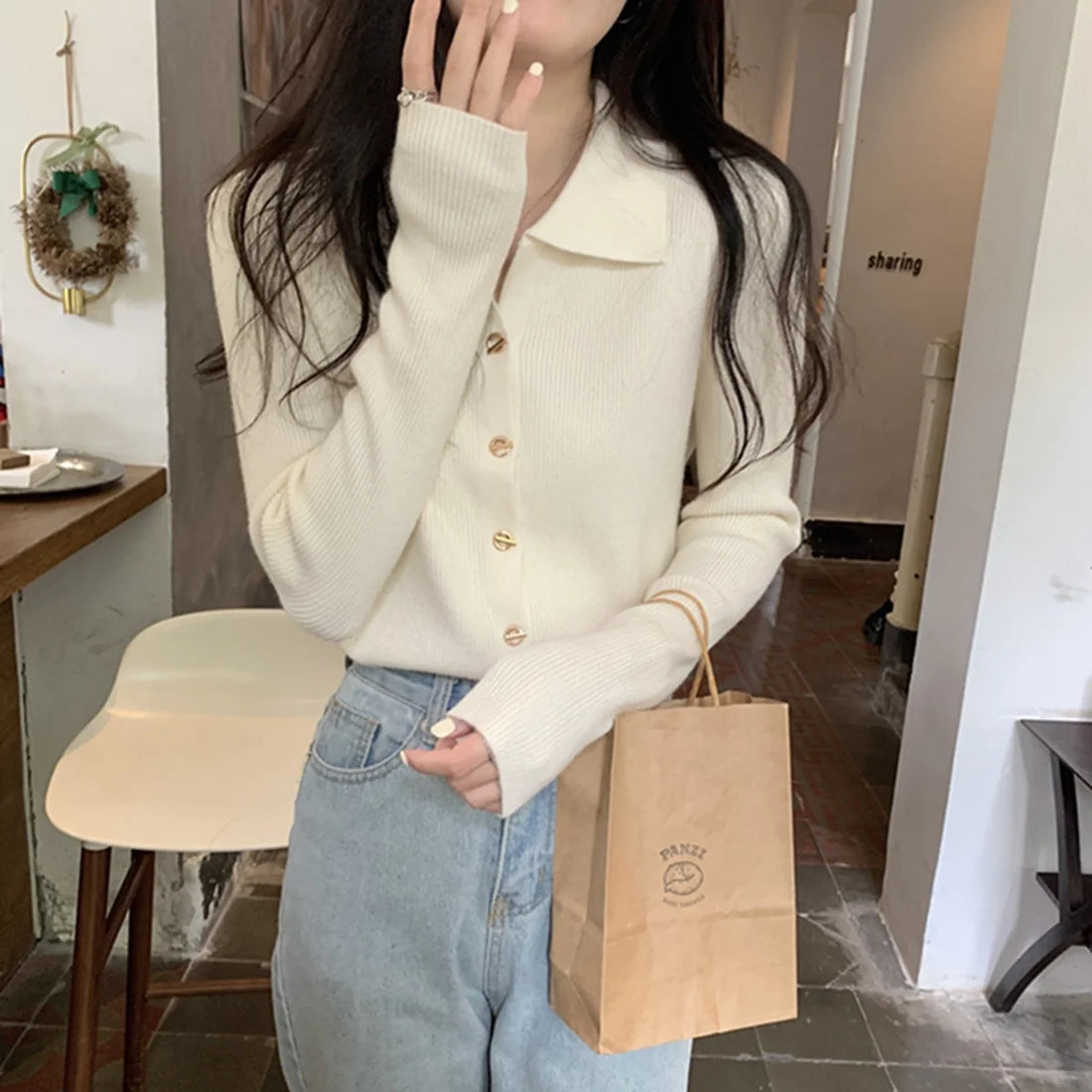 Women Fashion Button Knitted Cardigan Sweater |  Polo Neck Long Sleeve Solid Knitwear | Street Tops