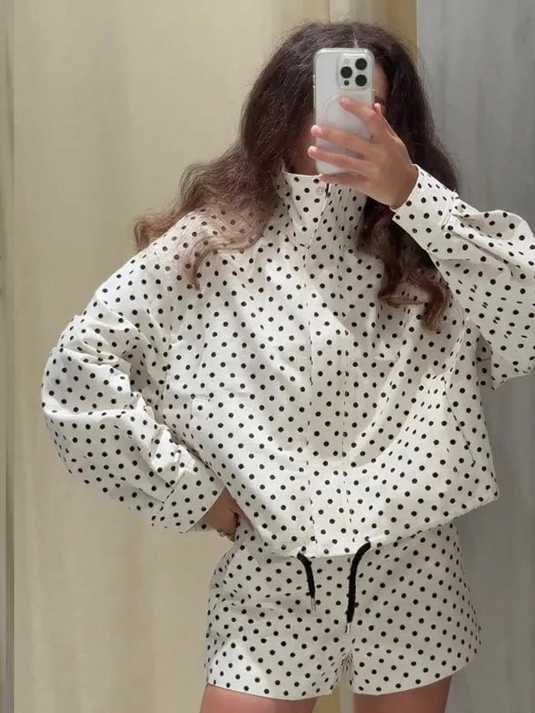 Autumn Clothes For Ladies | Polka Dot Sets For Women | Stand Collar Drawstring Jacket High Waist Shorts